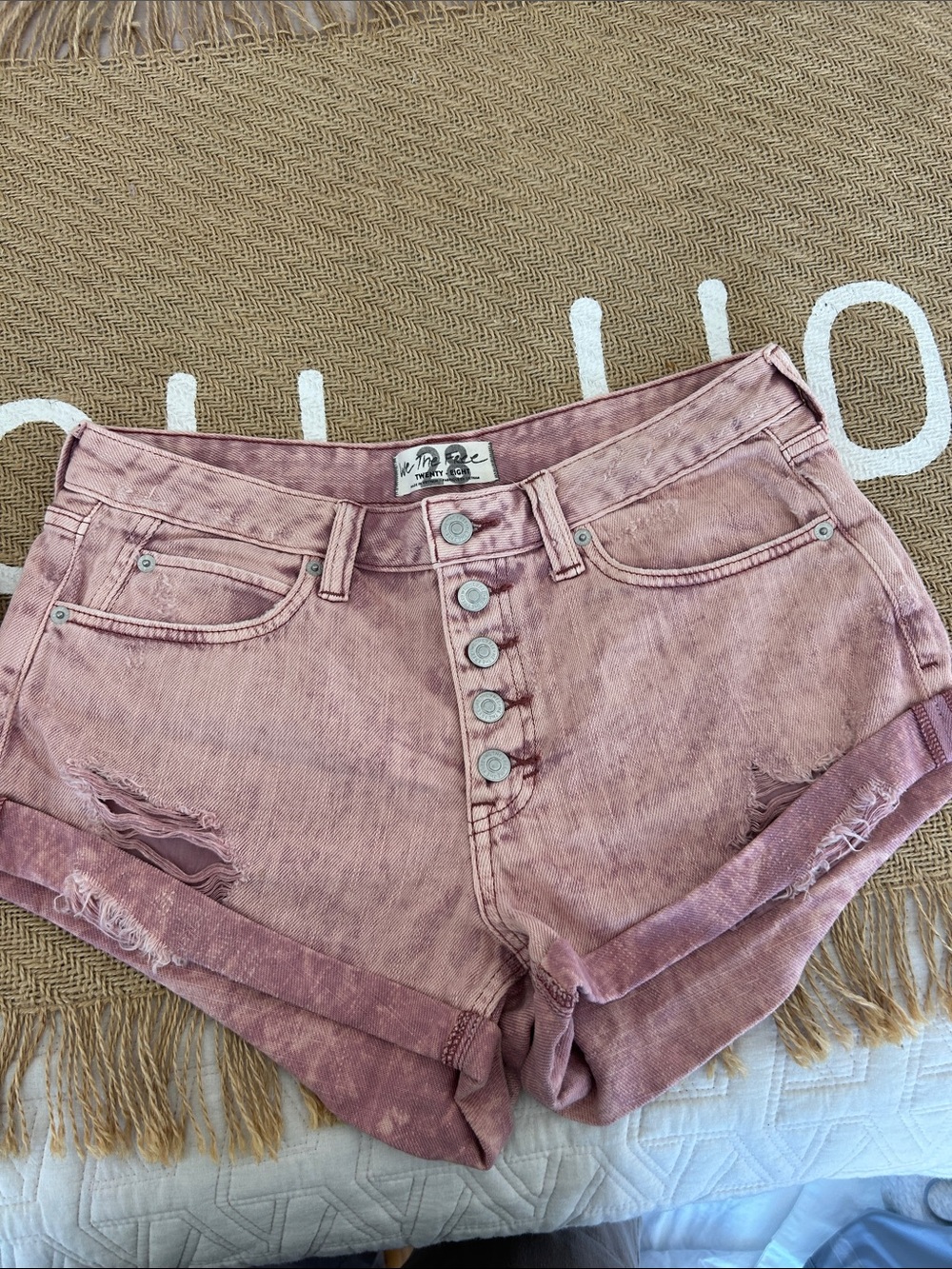 We The Free Washed Rose Button-Fly Distressed Jean Shorts